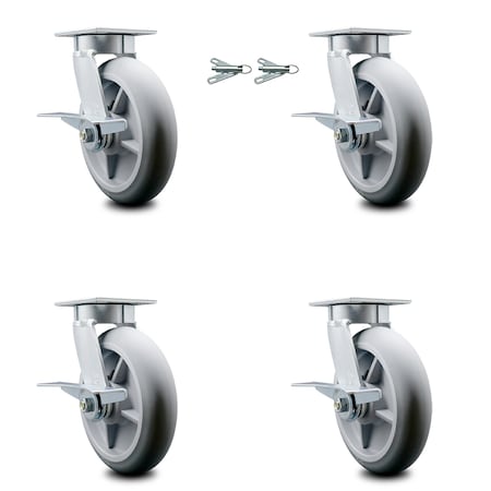Service Caster 8 Inch Kingpinless Thermoplastic Rubber Wheel Caster Brakes 2 Swivel Locks, 4PK SCC-KP30S820-TPRRD-SLB-BSL-2-SLB-2